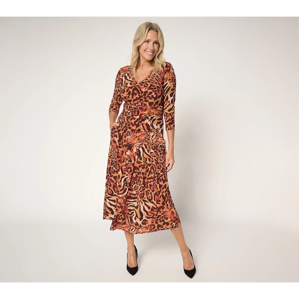 Attitudes by Renee Womens Printed Como Jersey Ruched Midi Dress XS Animal Print